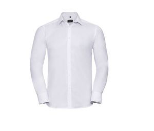 Russell Collection JZ962 - Mens' Long Sleeve Herringbone Shirt Bianco